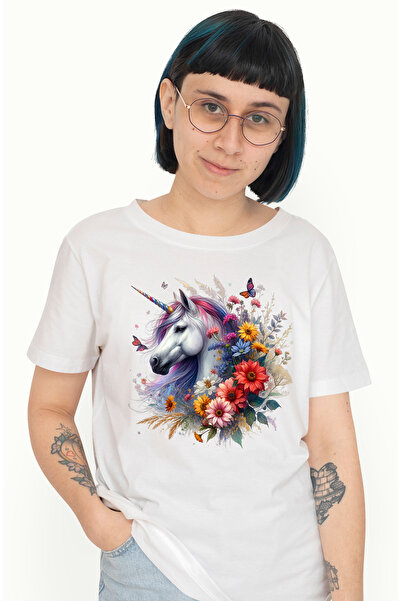 StoryGift Romania Tricou Femei Cu Un Unicorn, Ilustratie, Flori, Abstract, Fl...