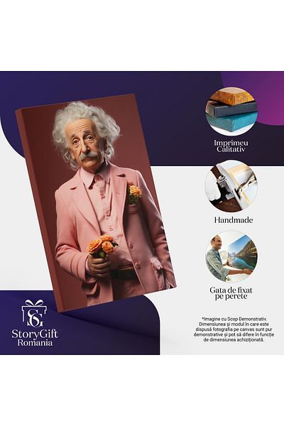 StoryGift Romania Tablou Canvas: Portret Albert Einstein Cu Par Alb Si Mustata In Cosum Roz Cu Flori Tinuta Elega