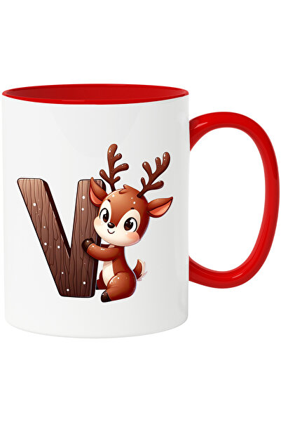 StoryGift Romania Cana Cu Un Ren Care Tine Litera "v" | Fericire | Scoala | Pentru Copii | Invata , Cu Maner Rosu Stg