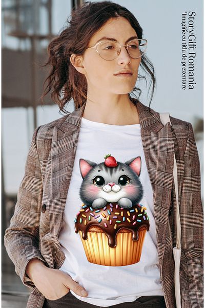 StoryGift Romania Tricou Femei Cu O Pisicuta Care Sta Intr-o Briosa, Ilustratie, Ciocolata, Dulciu Wht_m