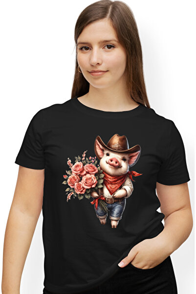 StoryGift Romania Tricou Femei Cu Un Purcelus Cowboy Care Tine Un Buchet Cu T...