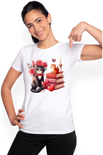 StoryGift Romania Tricou Femei Cu 2 Pisici, Ilustratie, Una Sta Pe Un Teanc C...