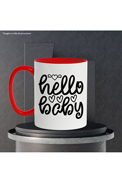 StoryGift Romania Mug with hearts and the greeting "Hello, baby" - hello baby with Red Handle, With Handle, STG.