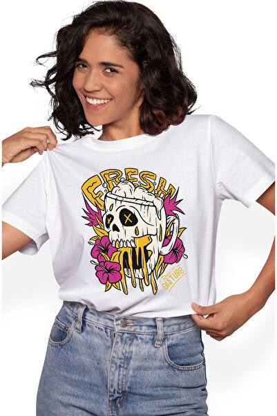 StoryGift Romania Tricou Femei Cu Craniu Om, Flori Roz, Text In Engleza Fresh...