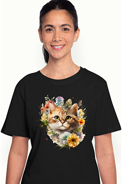 StoryGift Romania Women's T-shirt with a serious cat, illustration, flowers o...