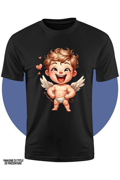 StoryGift Romania Tricou Copii Cu Un Bebelus Cupidon Care Rade, Ilustratie, Aripi, Inimi, Valentine's Day, C