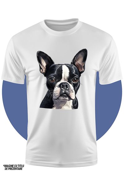 StoryGift Romania Tricou Copii Cu Un Catel Serios, Ilustratie, Putin Cam Trist, Urechile Ciulite, Negru, Alb