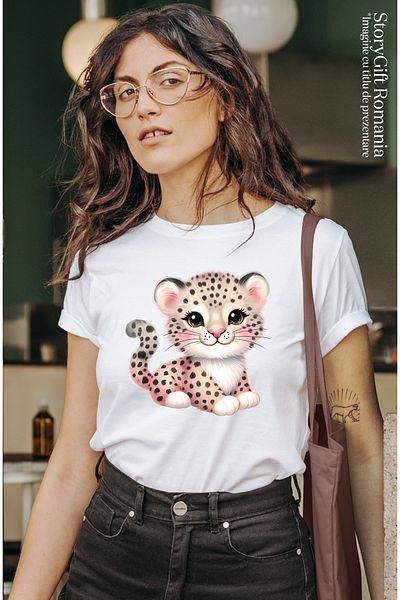 StoryGift Romania Tricou Femei Cu O Femela Jaguar, Ilustratie, Micuta, Fericire, Imbujorata, Anima Wht_l