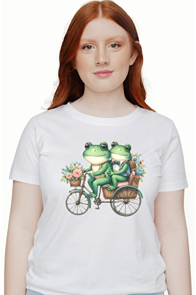 StoryGift Romania Tricou Femei Cu 2 Broaste Care Merg Cu Bicicleta, Ilustrati...