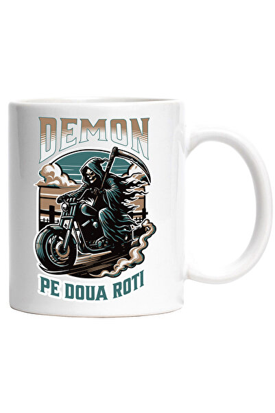 StoryGift Romania Cana Demon Pe Doua Roti Moartea Cu Coasa Pe Motor , 330ml, Ceramic Cu Maner Alb, Cu Maner Alb Stg