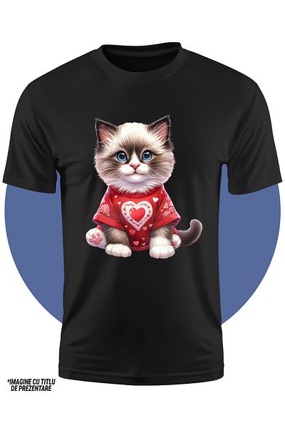 StoryGift Romania Tricou Copii Cu O Pisicuta Care Poarta Un Tricou Cu Inimioare, Ilustratie, Fericita, Curio