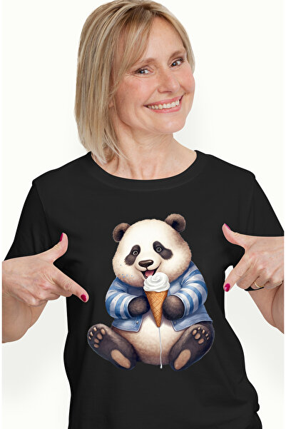 StoryGift Romania Tricou Femei Cu Un Urs Panda Vesel Care Tine O Inghetata, I...
