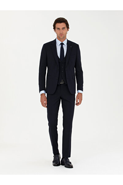 Cacharel Lacivert Slim Fit Yün Karışımlı Yelekli Takım Elbise 50275634-VR033