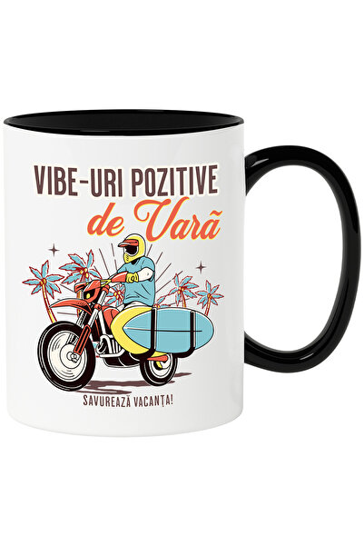 StoryGift Romania Cana Vibe-uri Pozitive De Vara. Savurează Vacanta Motor, 330ml, Ceramica Cu Mane, Cu Maner Negru Stg