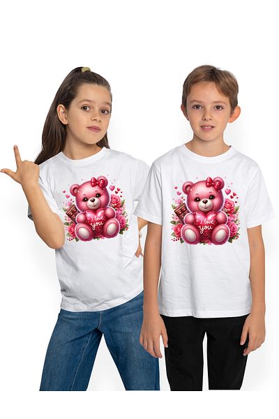 StoryGift Romania Tricou Copii Cu Un Ursulet De Plus Care Tine O Inima In Brate, Mesajul "i Love You", Ilust