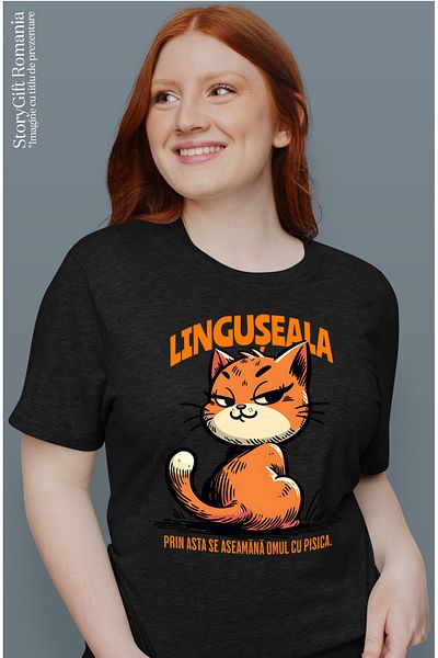 StoryGift Romania Women's T-shirt Orange Cat text LINGUSEALA with print on the Front, 100% Cotton, BLK_M, STG42018