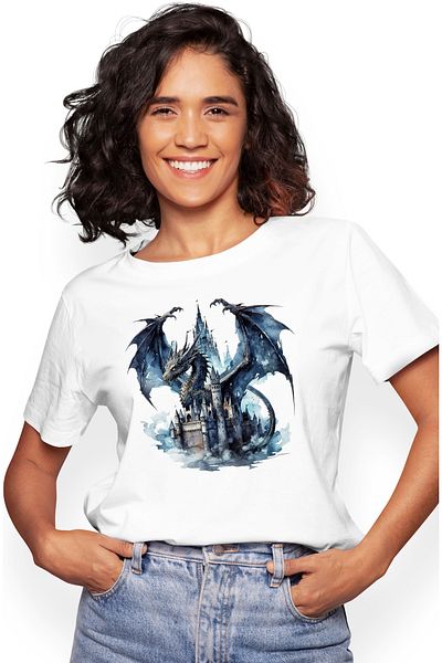StoryGift Romania Tricou Femei Cu Un Dragon Negru, Ilustratie, Castel, Furios, Creatura Mitica, Ab Wht_l
