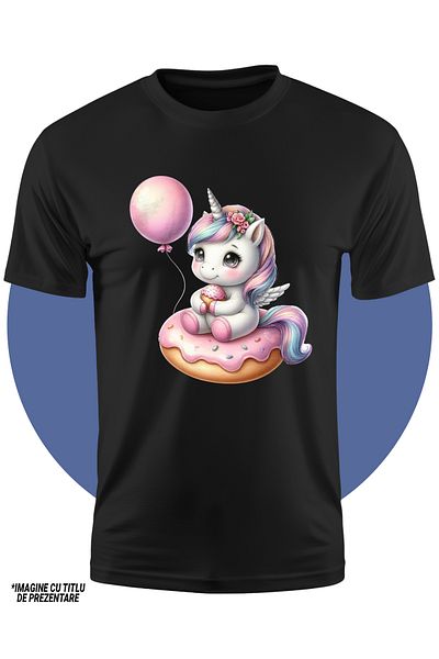 StoryGift Romania Tricou Copii Cu Un Unicorn Micut Care Sta Pe O Gogoasa, Ilustratie, Dulciuri, Balon, Jucau