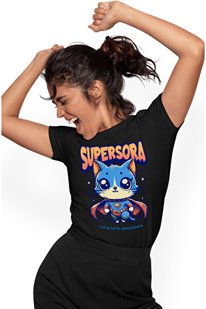StoryGift Romania Tricou Femei Super Sora, Supererou, Pisica Zburand, Cu Impr...