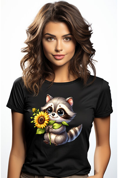 StoryGift Romania Tricou Femei Cu Un Pui De Raton Care Tine O Floare, Ilustra...