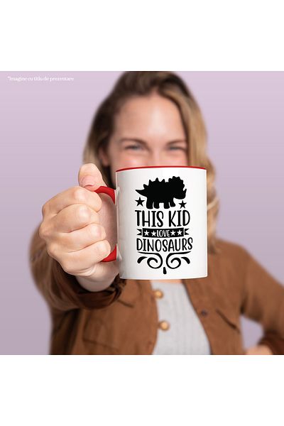 StoryGift Romania Mug with stars and a dinosaur with the message "This kid loves dinosaurs" - this mug, With ,STG