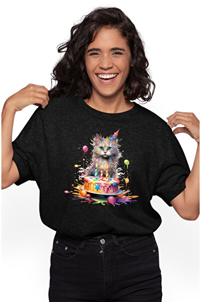 StoryGift Romania Tricou Femei Cu O Pisica, Ilustratie, Aniversare, Tort, Lum...