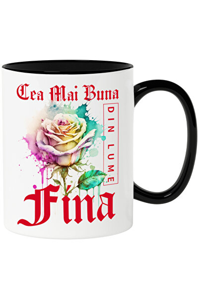 StoryGift Romania Cana Cu Textul Cea Mai Buna Fina, Din Lume, Floare, Trandafir Colorat, Watercolo, Cu Maner Negru Stg