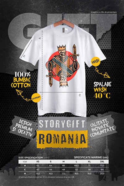 StoryGift Romania Tricou Femei Cu Schelet, Rege, Sabie, Coroana, Carte De Joc, Multicolor cu impr WHT_L