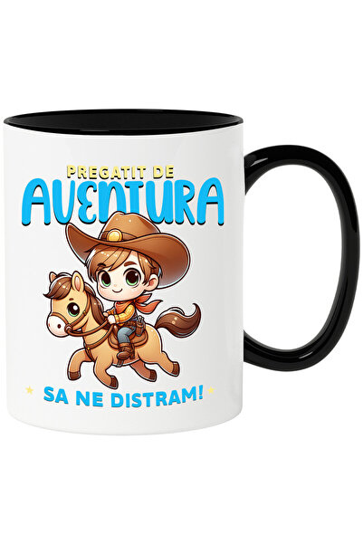 StoryGift Romania Cana Cu Baiat Cu Palarie De Cowboy Si Insigna Calare Cal Te...