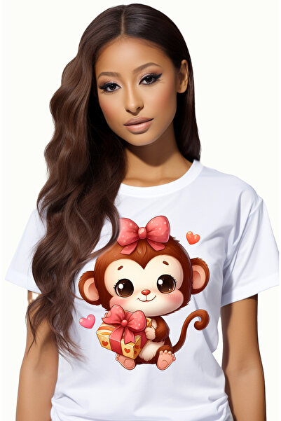 StoryGift Romania Tricou Femei Cu O Maimutica Dragalasa, Ilustratie, Funda, Inimioare, Tine Un Cad Wht_l