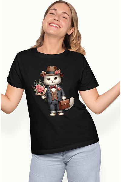 StoryGift Romania Tricou Femei Cu Un Motan Alb La Costum Care Tine Un Buchet Cu Trandafiri Si O Se Blk_l