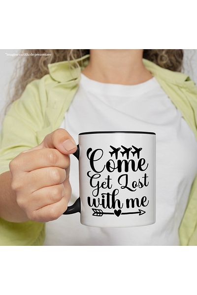StoryGift Romania Heart Mug for Lovers - "Let's Get Lost" with Black Handle, With N Handle