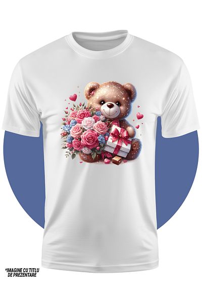 StoryGift Romania Tricou Copii Cu Un Ursulet Care Tine Un Buchet Cu Trandafiri Si Un Cadou, Cutie, Ilustrati