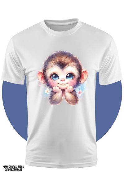 StoryGift Romania Tricou Copii Cu O Maimutica Vesela, Ilustratie, Ochi Albastri, Floricele, Pete De Culoare,