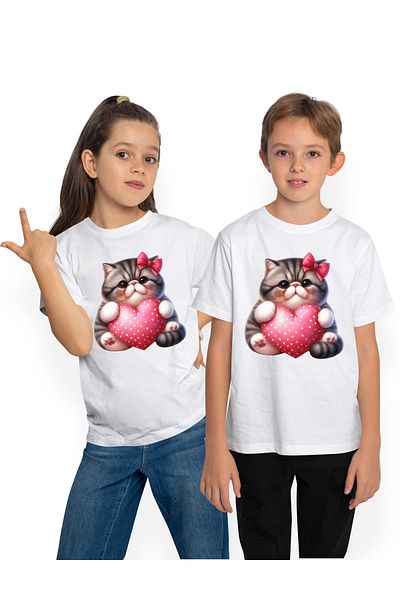 StoryGift Romania Tricou Copii Cu O Pisicuta Grasuta Care Tine O Inimioara In Brate, Ilustratie, Funda, Grij