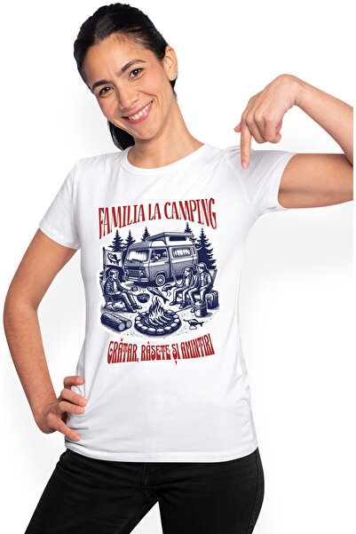 StoryGift Romania Tricou Femei Familia La Camping Gratar, Rasete Si Amintiri Cu Imprimeu Pe Fata, Wht_l