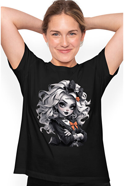 StoryGift Romania Tricou Femei Cu O Fata Goth, Ilustratie, Draguta, Alb & Neg...