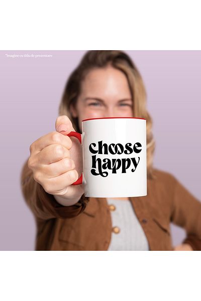 StoryGift Romania Mug with message urging you to choose happiness with Red Handle, With Red Handle STG, S, STG