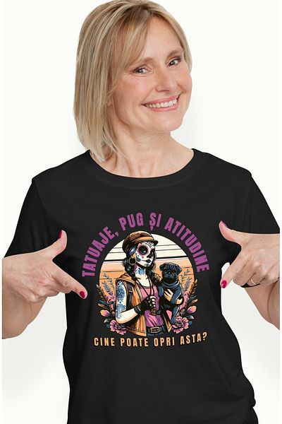 StoryGift Romania Tricou Femei Fata Cu Tatuaje Si Caine Pug Text Haios Cine Poate Opri Asta Cu Imp Blk_l