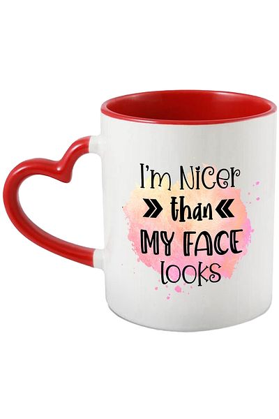 StoryGift Romania Cana Cu Mesajul "i'm Nicer Than My Face Looks", Ilustratie, Amuzant, Razi, Comic, Cu Maner Inim Stg