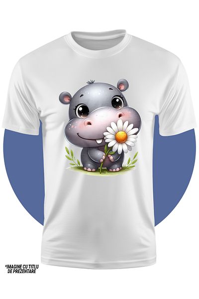 StoryGift Romania Tricou Copii Cu Un Pui De Hipopotam Vesel, Ilustratie, Tine O Floare Alba, Natura, Iarba,