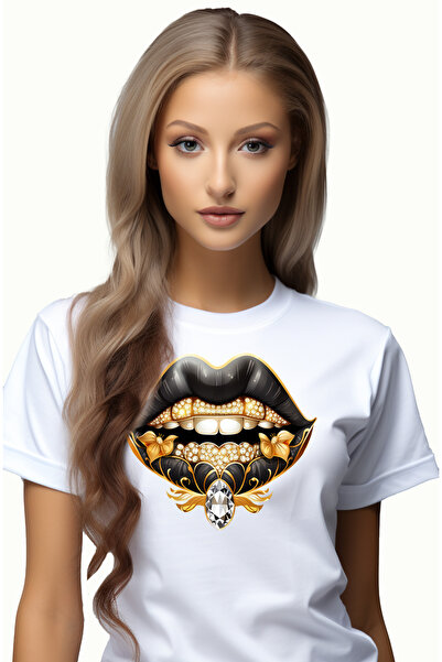 StoryGift Romania Tricou Femei Cu Niste Buze Negre, Dinti Albi, Pietre Pretio...