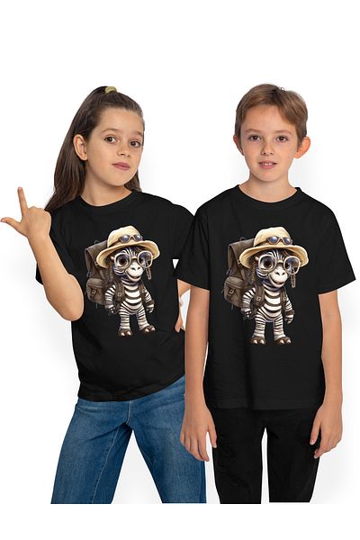 StoryGift Romania Kids T-shirt with an exploring zebra, illustration, expedition, equipped, hat, backpack, STG3