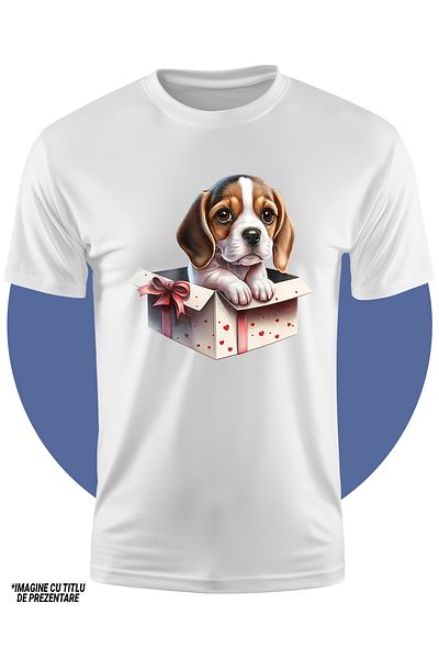 StoryGift Romania Tricou Copii Cu Un Catel Timid Care Iese Dintr-o Cutie De Cadou, Ilustratie, Curios, Pentr