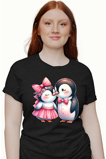 StoryGift Romania Tricou Femei Cu 2 Pinguini, Ilustratie, Funda, Fustita, Pap...