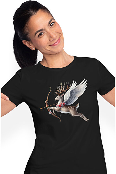 StoryGift Romania Tricou Femei Cu Un Cerb Cupidon, Ilustratie, Trage Cu Arcul, Aripi, Indragostire Blk_l