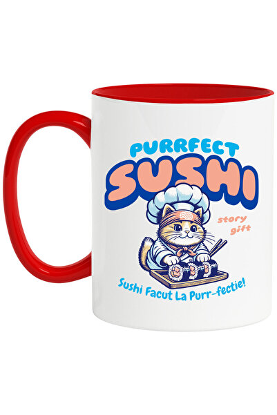 StoryGift Romania Cana Cu Pisica Cheff Bucatar Cu Palarie Si Bandana Ninja Stil Asiatic Text Purrf, Cu Maner Rosu Stg