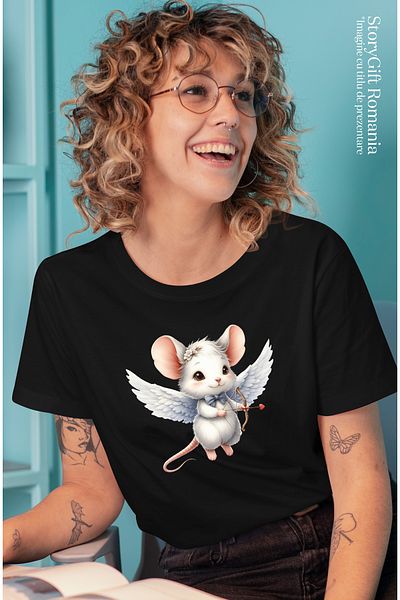 StoryGift Romania Women's T-shirt with a little Cupid mouse shooting a bow, illustration, falling in love BLK_L,STG64117