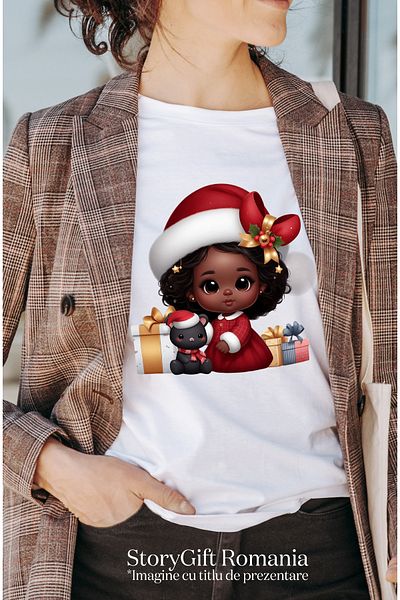 StoryGift Romania Tricou Femei Cu O Fetita De Culoare Timida, Ilustratie, Caciula De Craciun, Cado Wht_l