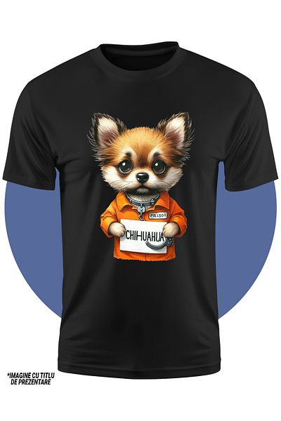 StoryGift Romania Children's T-shirt with a Chihuahua puppy in prison, illustration, orange prison uniform